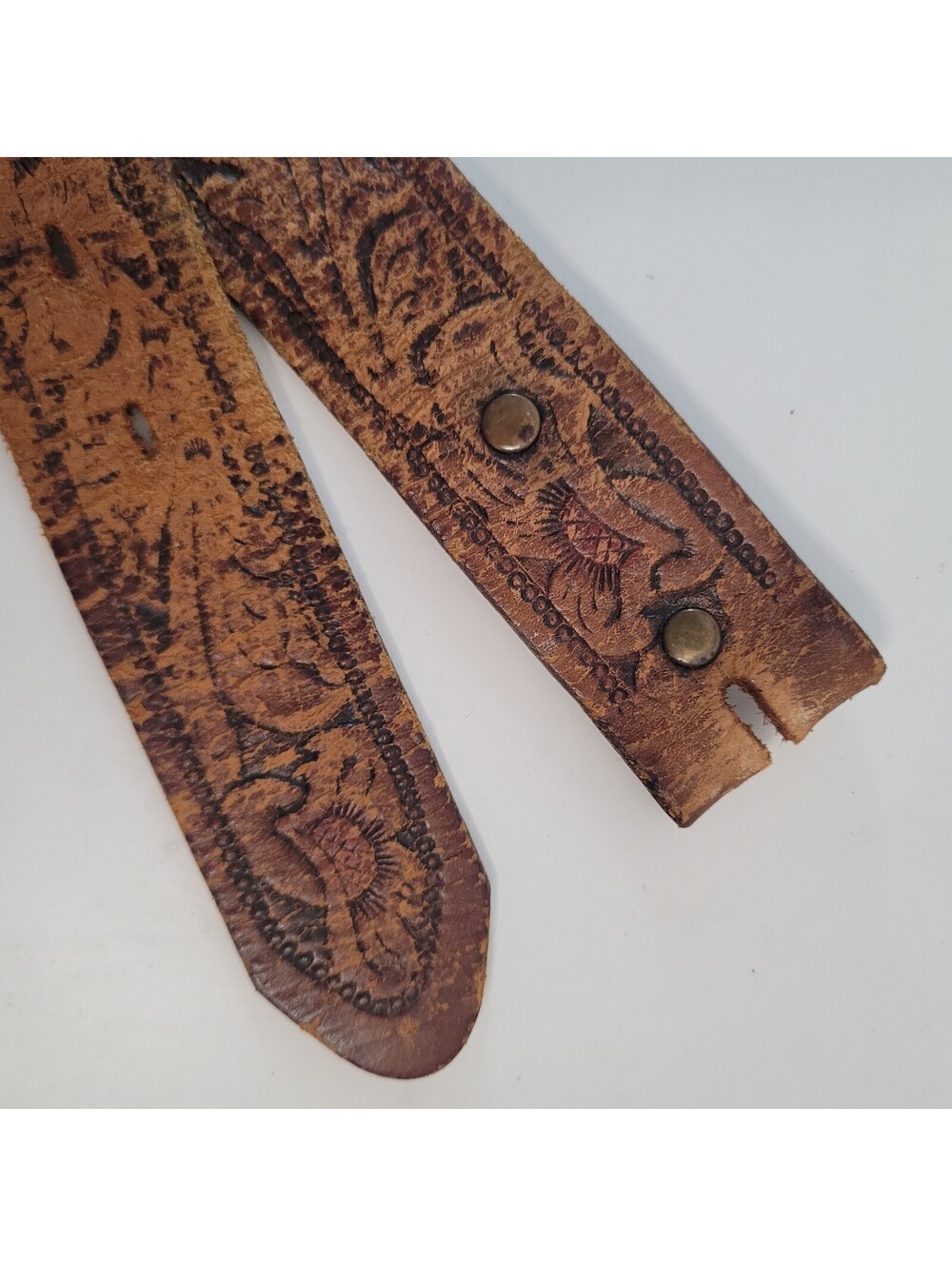 J.Crew Men’s Size 32" Brown Tooled Floral Leather Belt Strap Removable Buckle